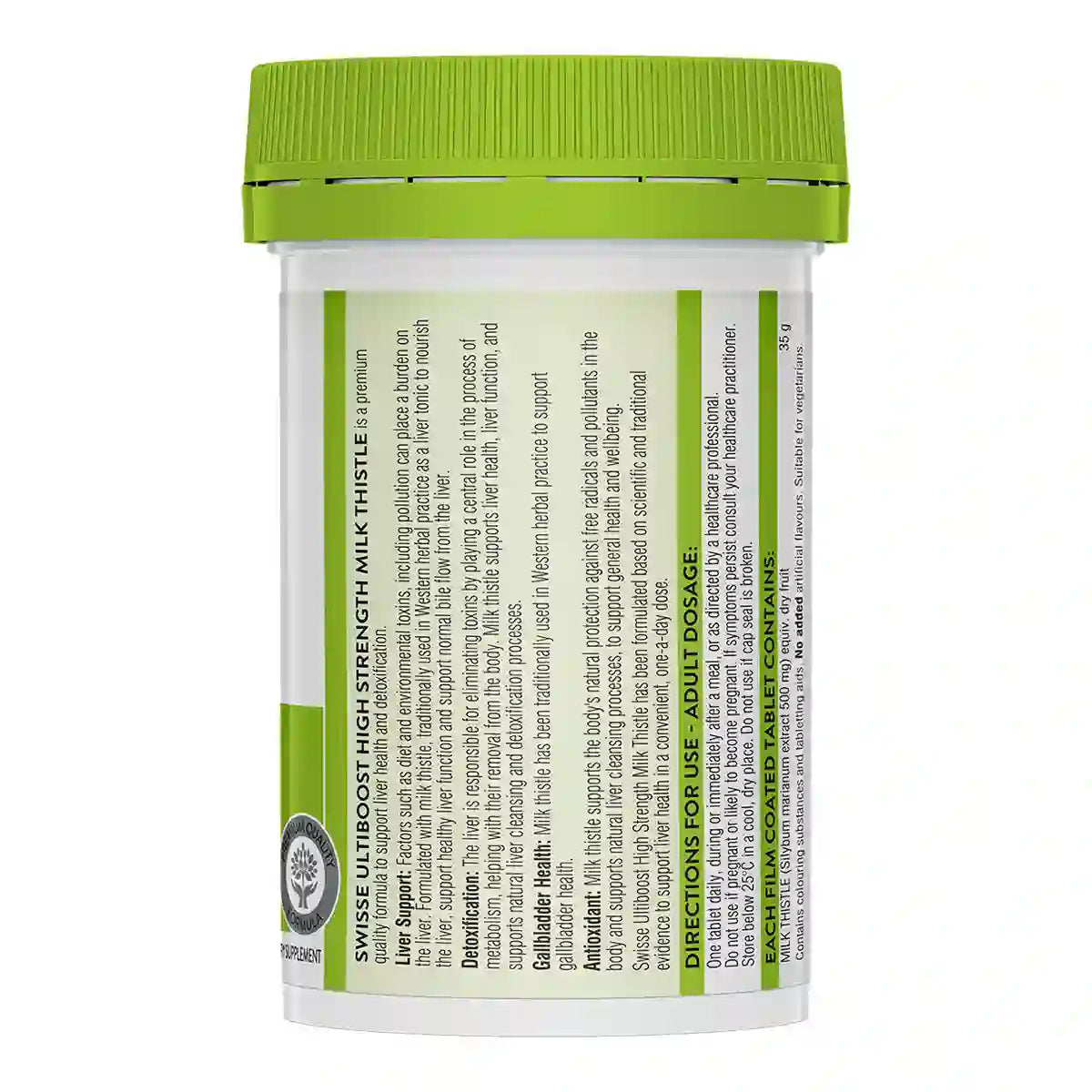 A white plastic bottle of Swisse Ultiboost High Strength Milk Thistle with a bright green cap.
