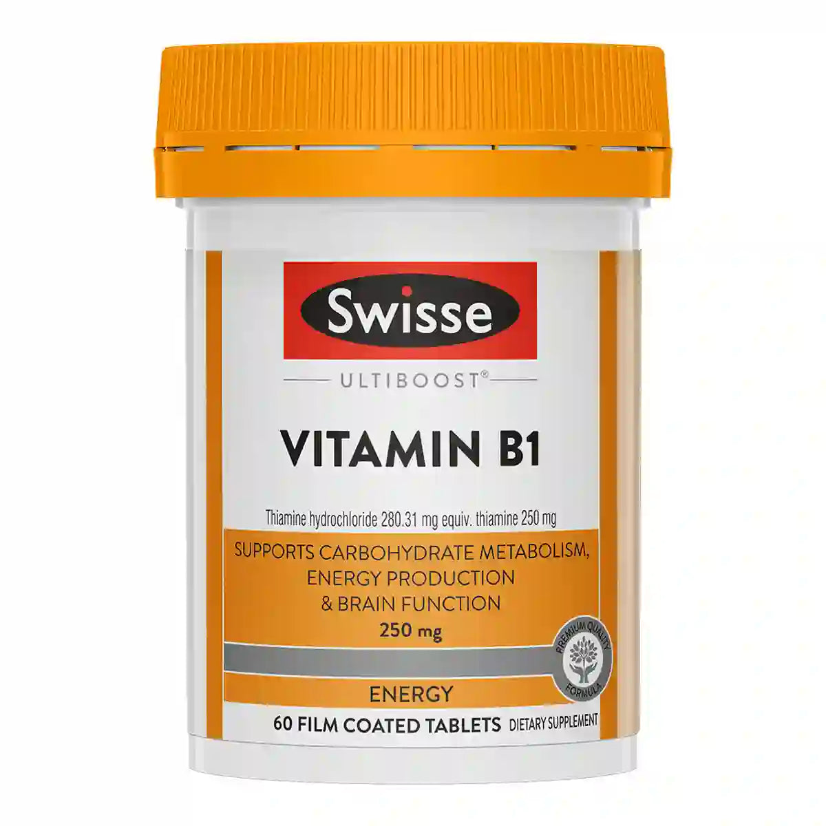 A white plastic bottle of Swisse Ultiboost Vitamin B1 dietary supplement with an orange cap and orange and white label.