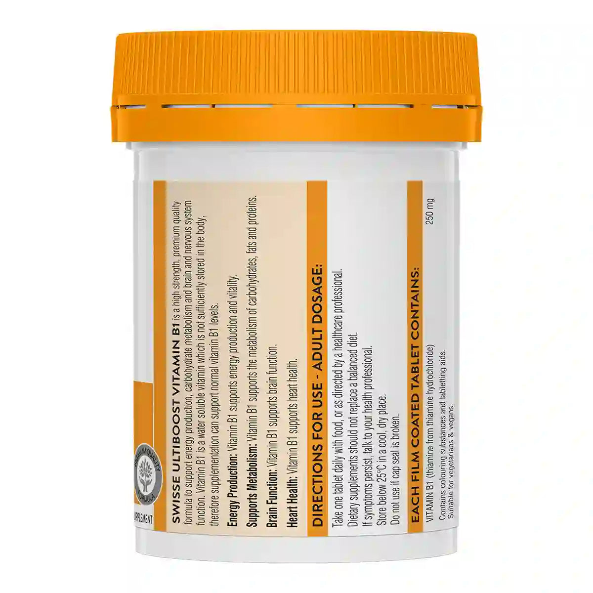 A white plastic bottle of Swisse Ultiboost Vitamin B1 with an orange cap, showing the back label with text.
