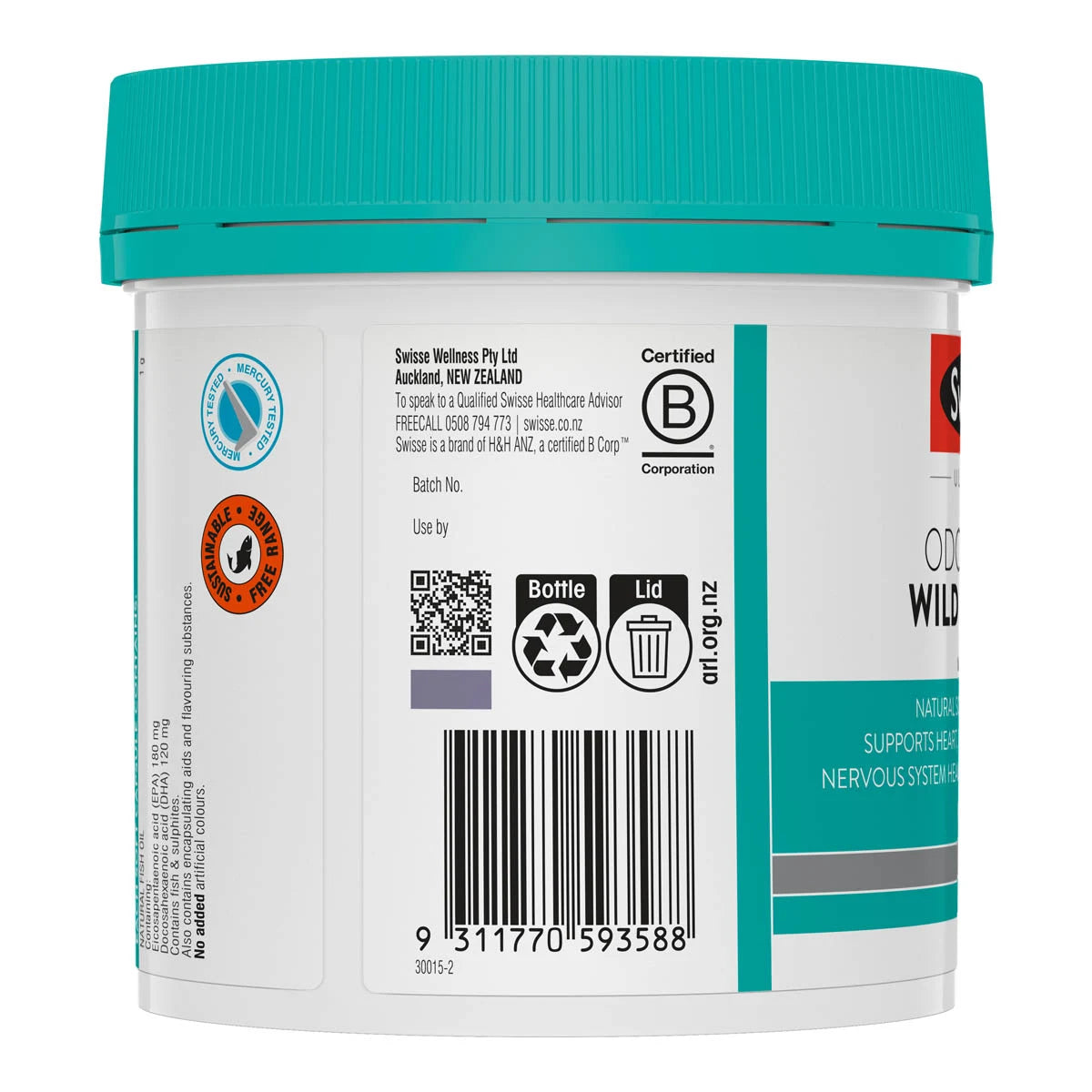 Back view of a container with labels and a barcode on a white background
