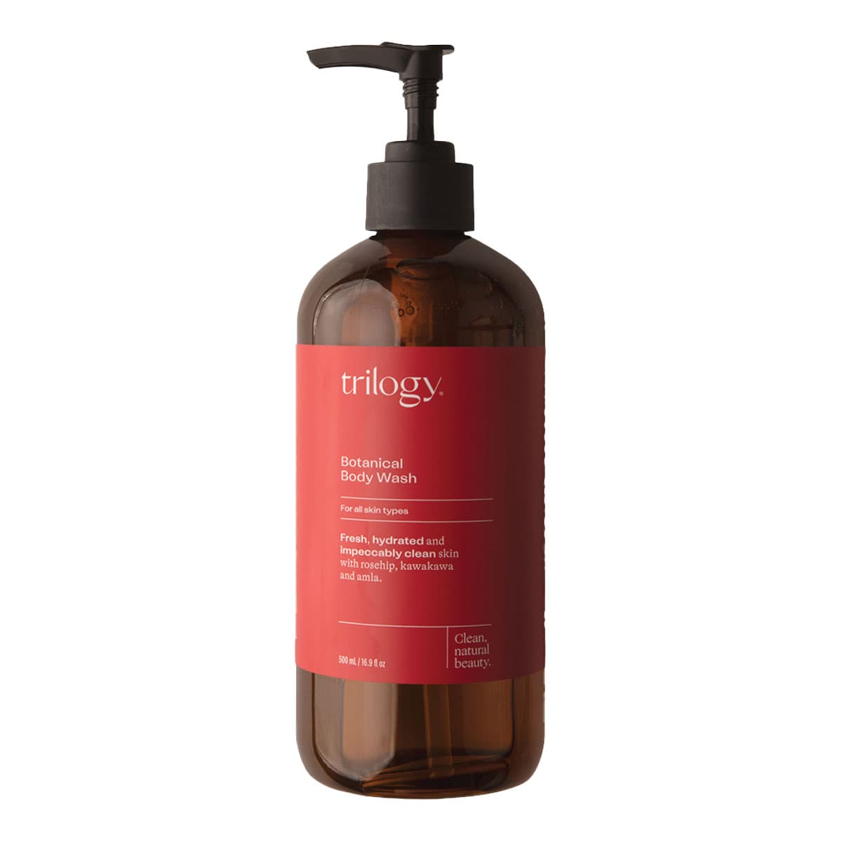 Brown bottle of Trilogy Botanical Body Wash with a pump on a white background.