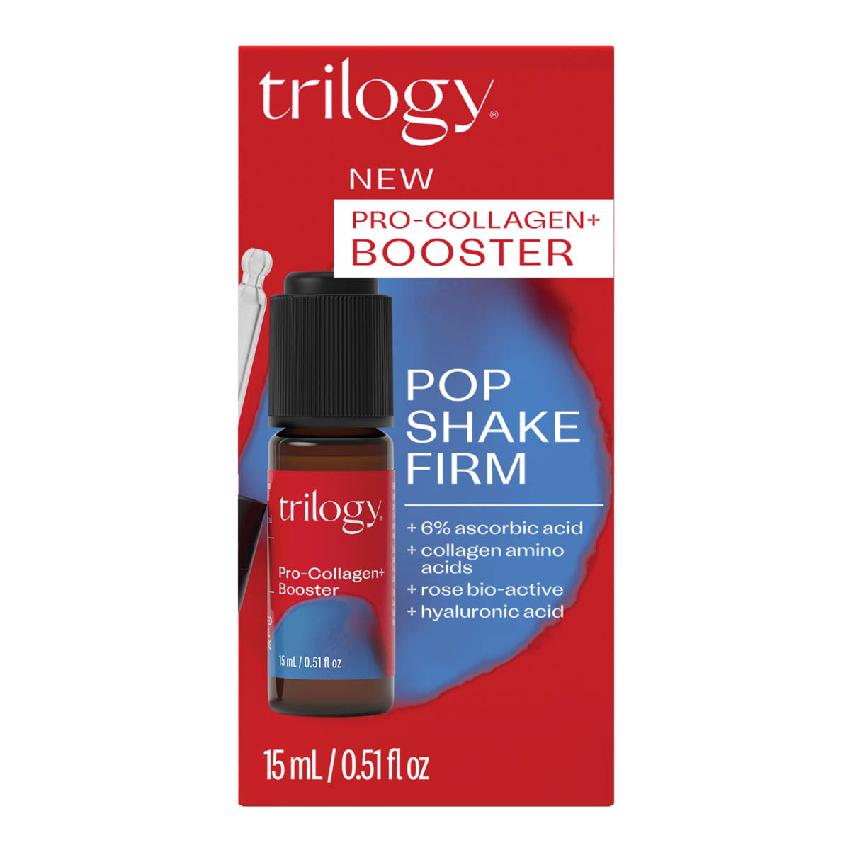 Trilogy Pro-Collagen Booster packaging with a red and blue design.