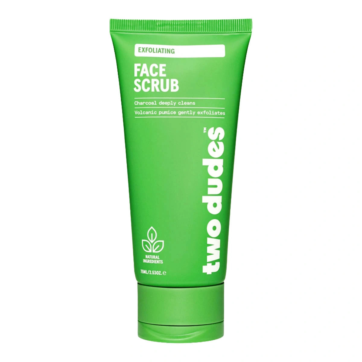 A green squeeze tube of two dudes Exfoliating Face Scrub on a plain white background.