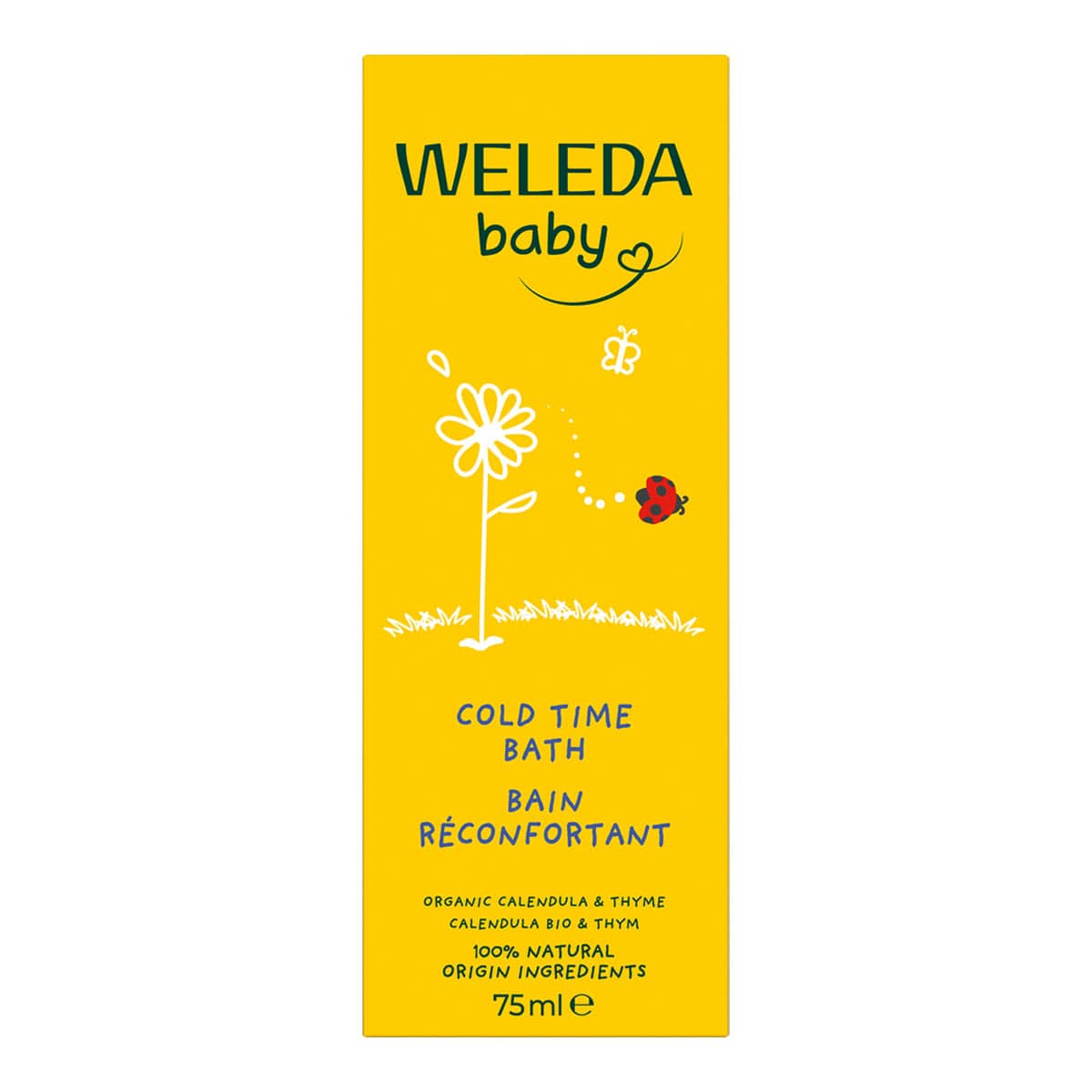 Weleda Baby Cold Time Bath product in yellow packaging with an illustration of a ladybug and a flower.