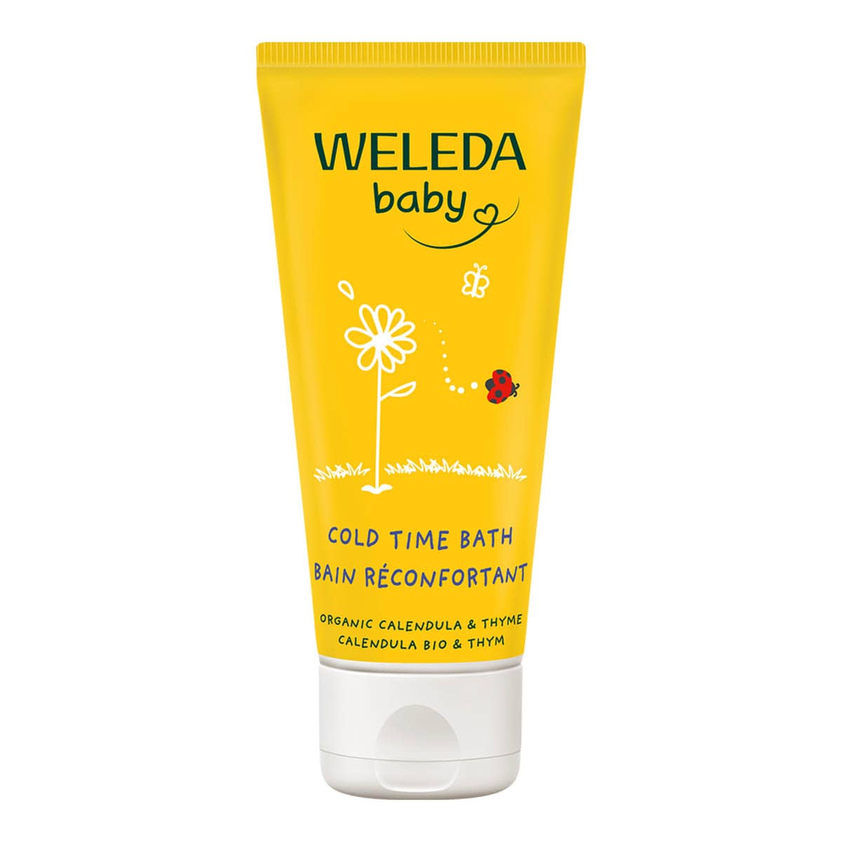 Weleda Baby Cold Time Bath tube on a white background with organic calendula and thyme.