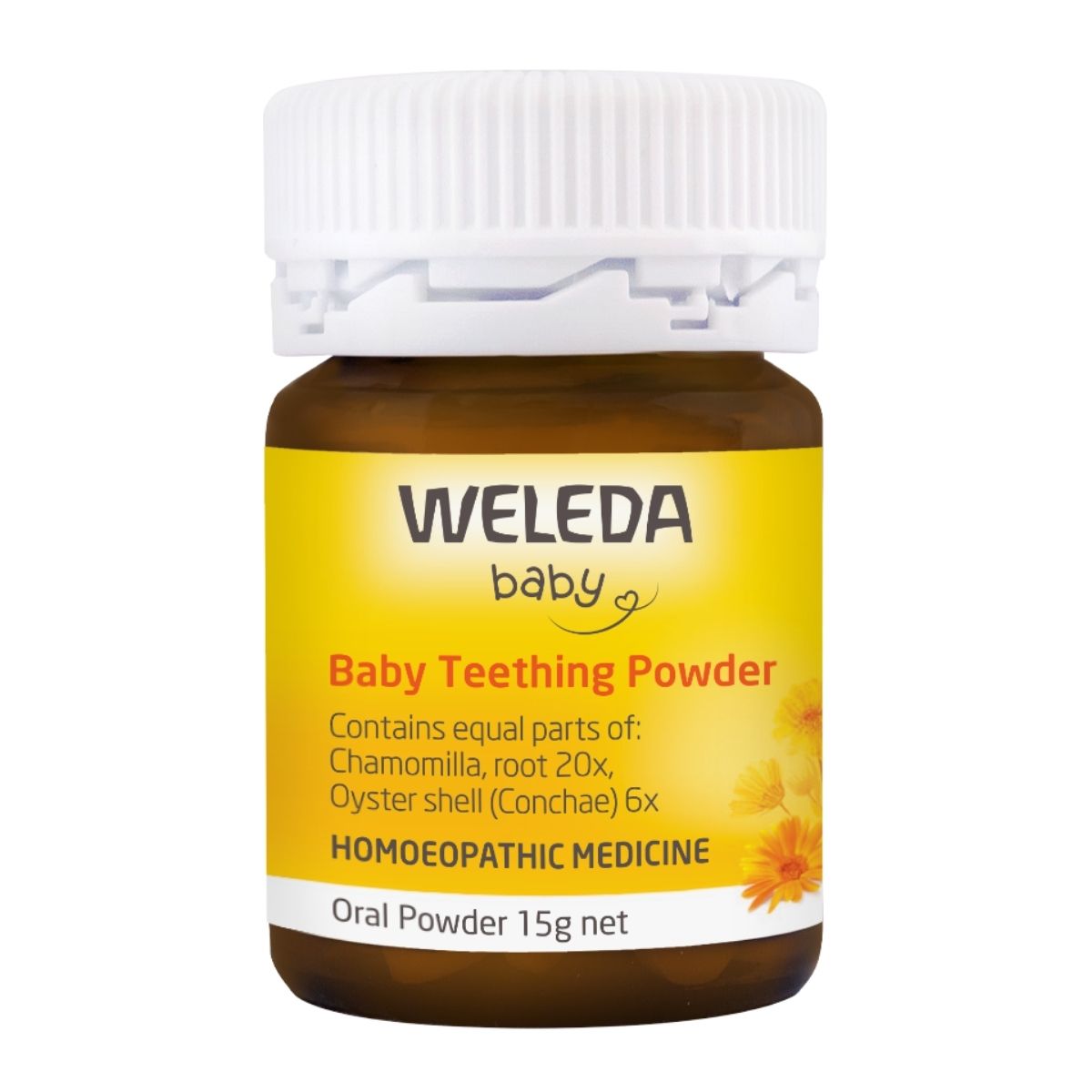 Weleda baby teething powder in a 15g bottle on a white background