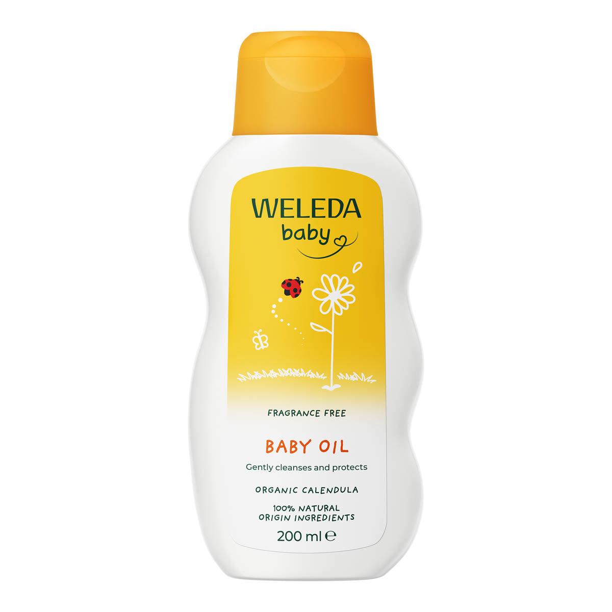 A 200ml bottle of Weleda Calendula Baby Oil, featuring a white plastic bottle with a bright yellow label and a matching yellow cap, set against a plain white background.