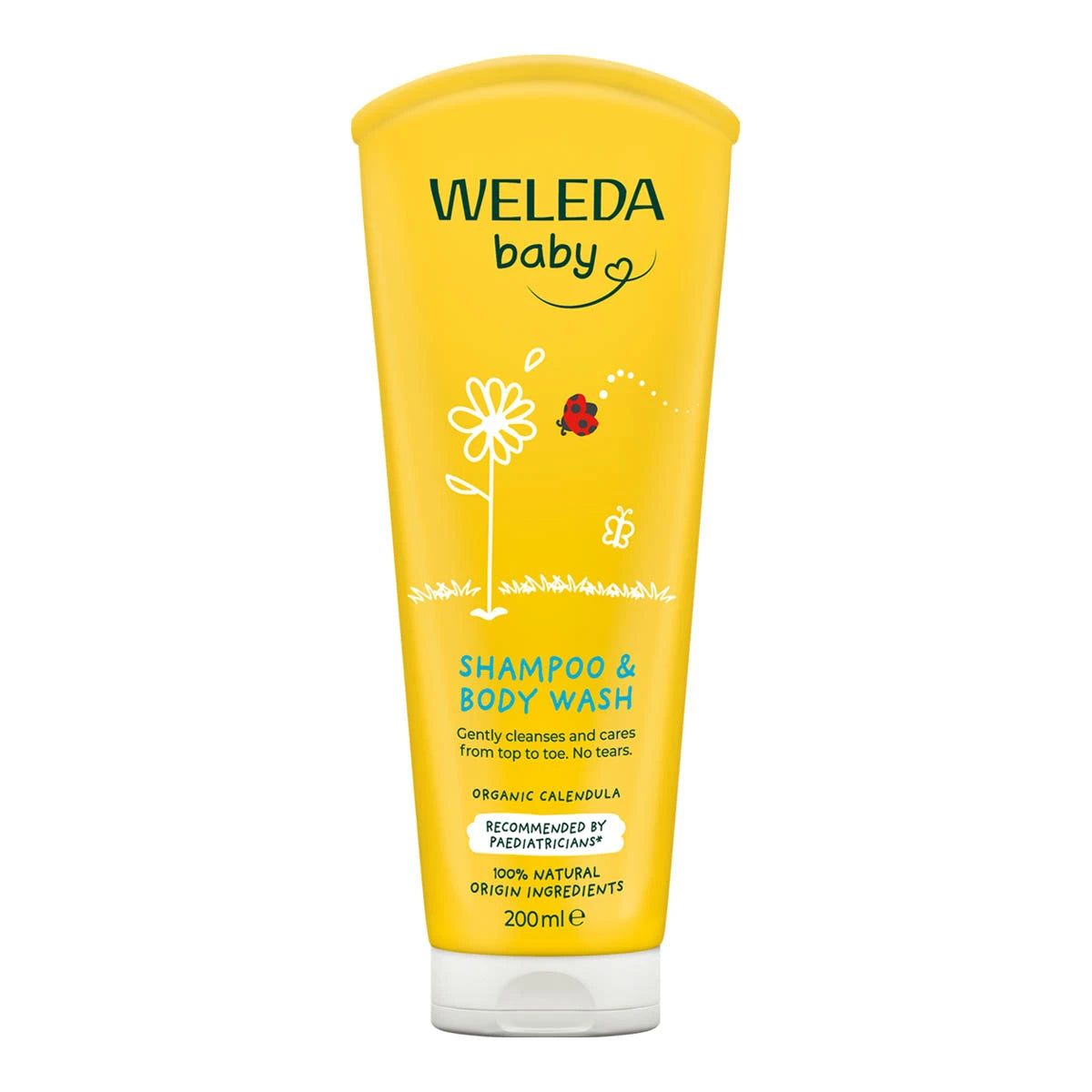 200ml tube of Weleda Baby Calendula Shampoo & Body Wash on a white background. Gently cleanses and cares from top to toe. No tears.