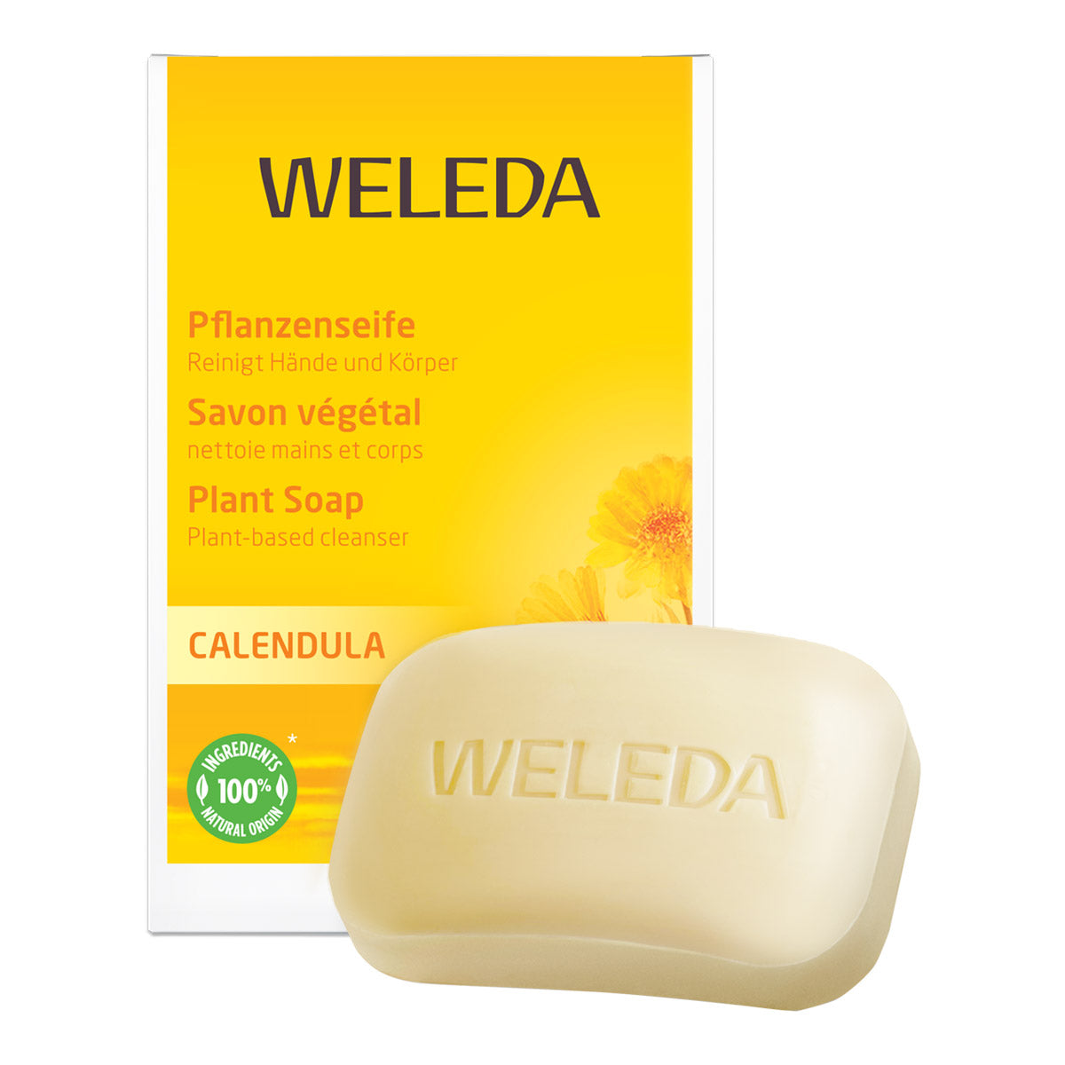 Weleda calendula soap bar with packaging on a white background
