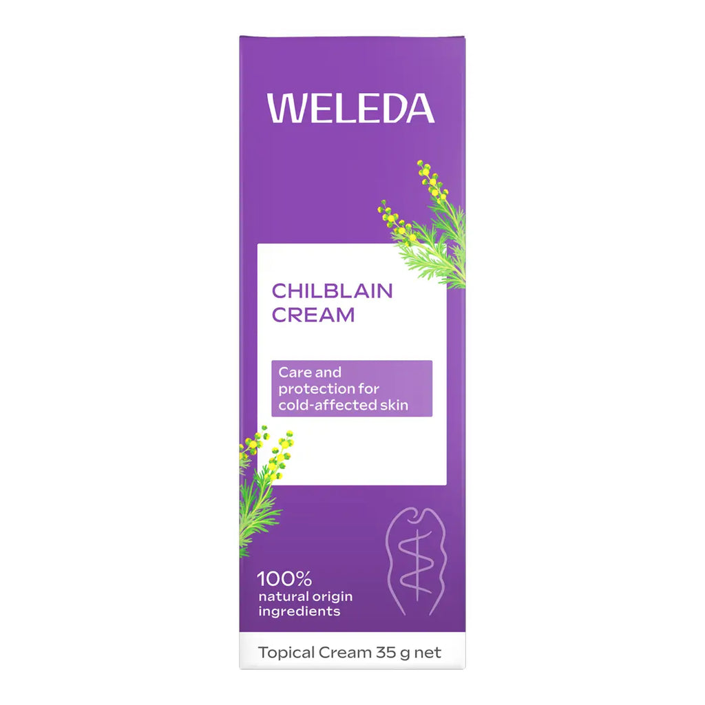 A purple rectangular box of Weleda Chilblain Cream, featuring white text and green botanical illustrations, set against a plain white background.
