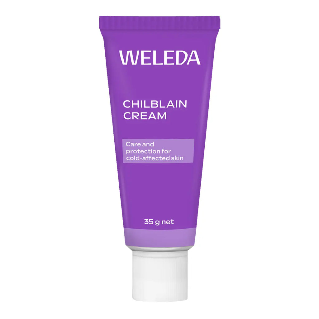 A purple squeeze tube of Weleda Chilblain Cream with a white cap, shown on a plain white background.