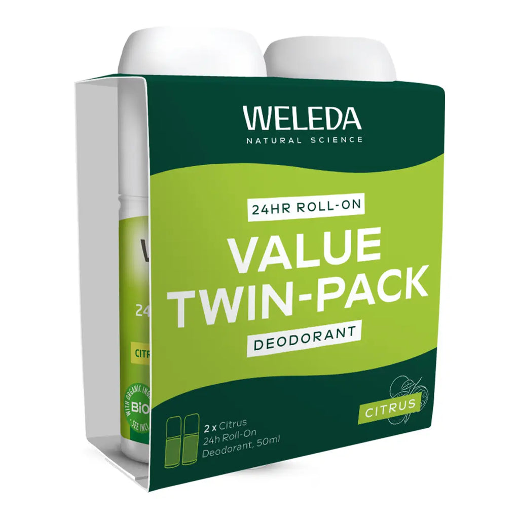 Weleda Citrus 24h Roll-On Deodorant value twin-pack: green carton shown at an angle so the side of the box is visible, on white