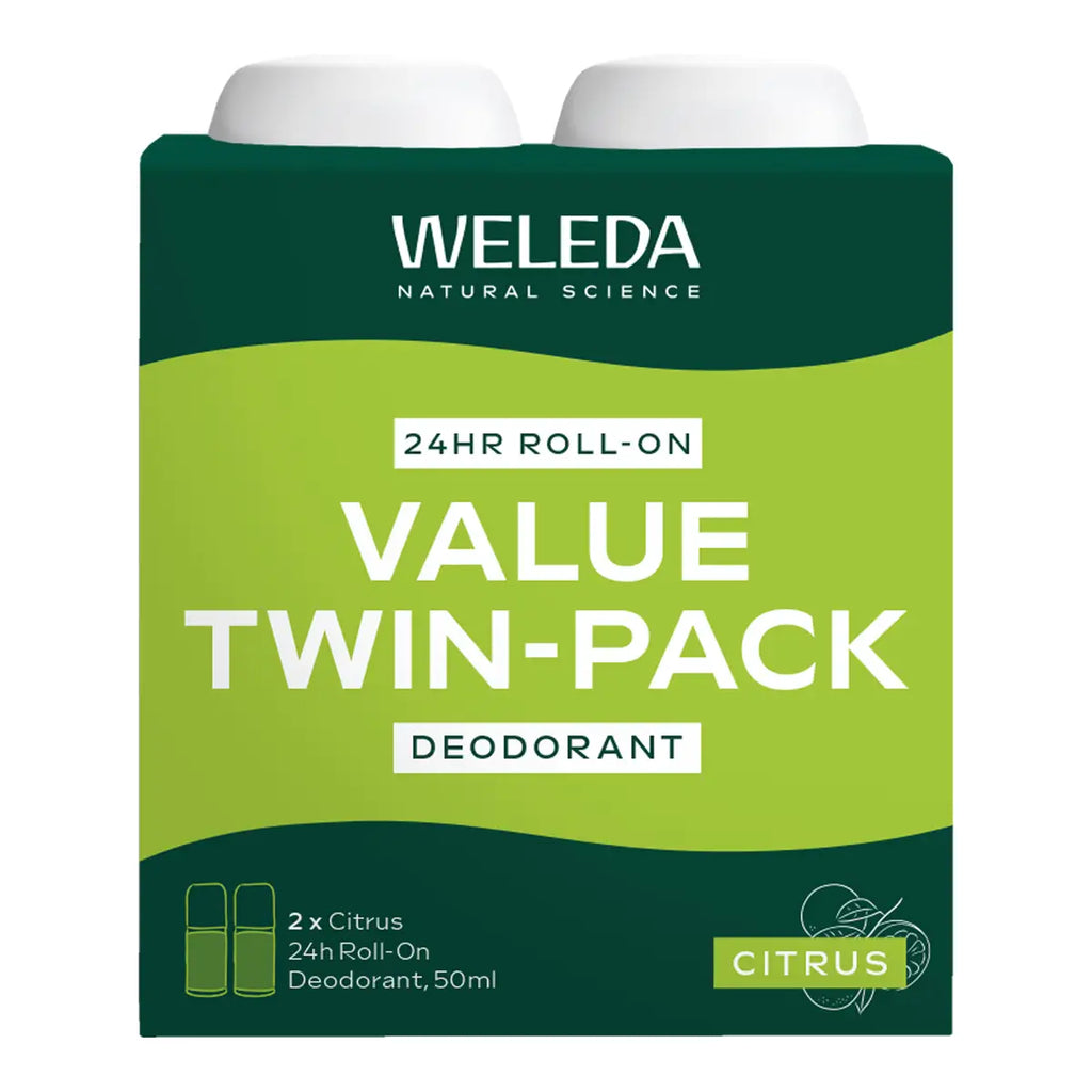 Weleda Citrus 24h Roll-On Deodorant value twin-pack: front of the green carton, with the two roll-on tops showing above it, on white