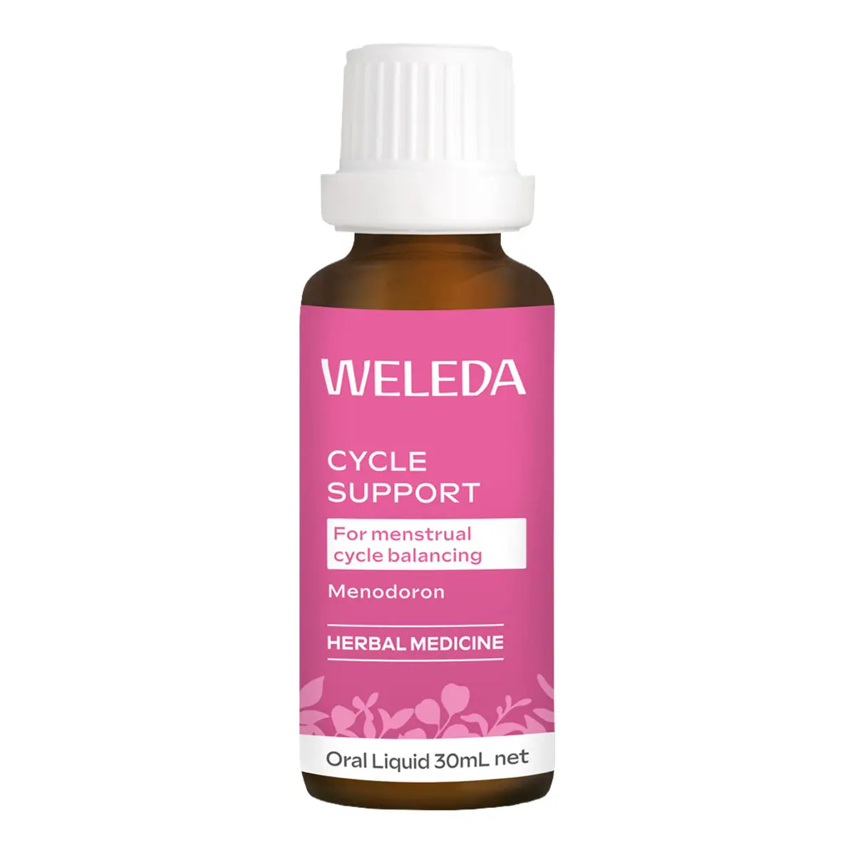 A 30ml amber glass bottle of Weleda Cycle Support oral liquid with a white cap and a pink label.