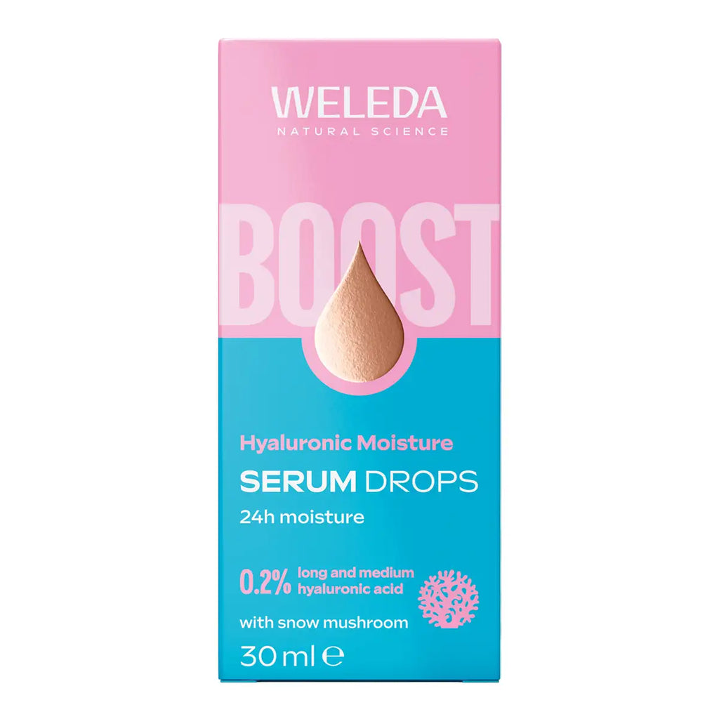 A 30ml box of Weleda Hyaluronic Moisture Serum Drops, featuring a pink and blue design with a teardrop-shaped graphic.