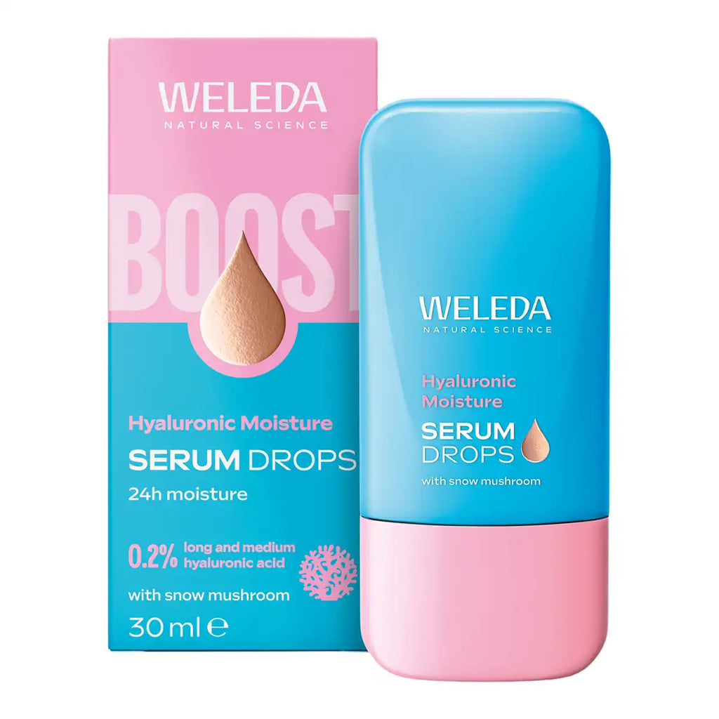 Weleda Hyaluronic Moisture Serum Drops in a 30ml tube next to its pink and blue packaging box.