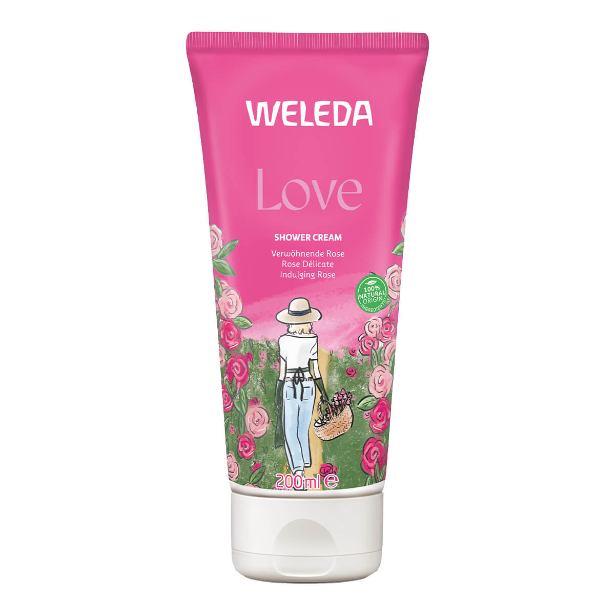 Weleda shower cream tube with pink label and illustration on a white background