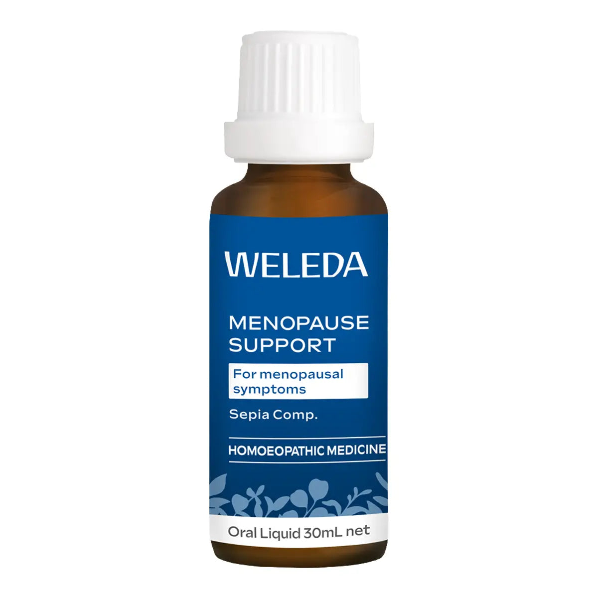 A 30ml amber glass bottle of Weleda Menopause Support oral liquid with a white cap and a blue label.