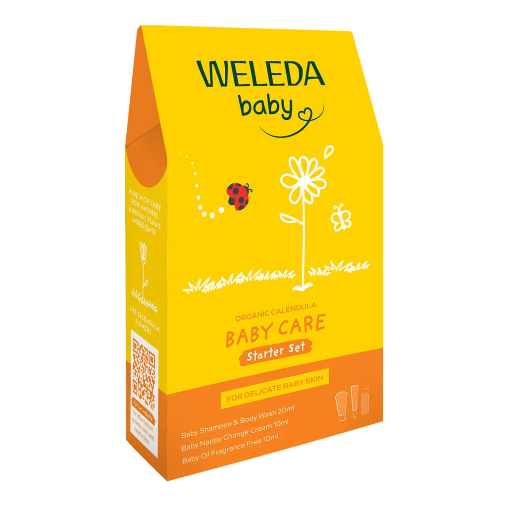 Front of Weleda Organic Calendula Baby Care Starter Set in yellow & orange packaging. For delicate baby skin. With a ladybug illustration.