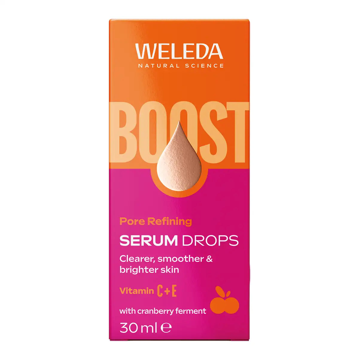 A 30ml box of Weleda Pore Refining Serum Drops, featuring a vibrant orange and magenta design with a teardrop illustration.