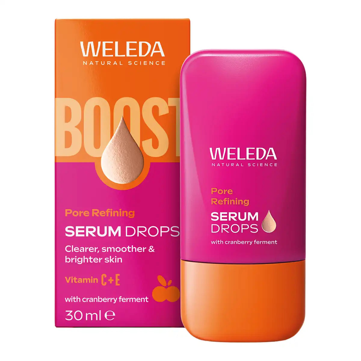 Weleda Pore Refining Serum Drops bottle and its orange and pink packaging box.
