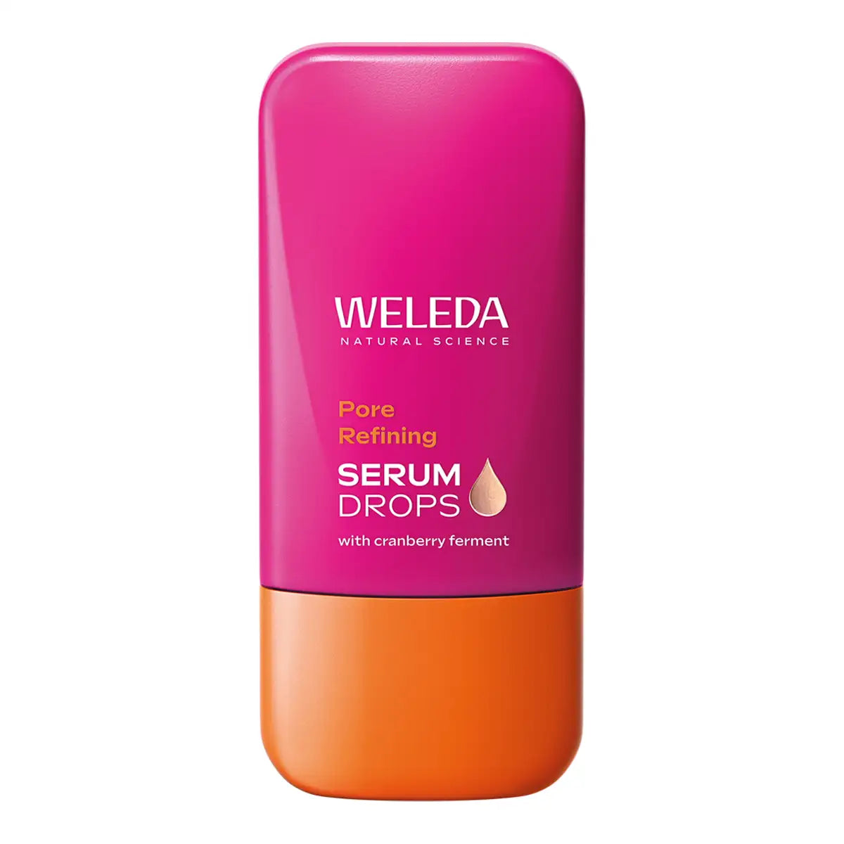 A bottle of Weleda Pore Refining Serum Drops, featuring a vibrant magenta-pink upper body and a bright orange lower base.