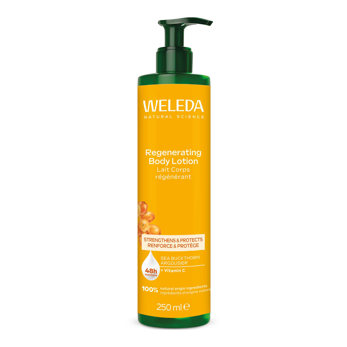 Weleda regenerating body lotion bottle on a white background. Stengthens + protects. Sea Buckthorn.