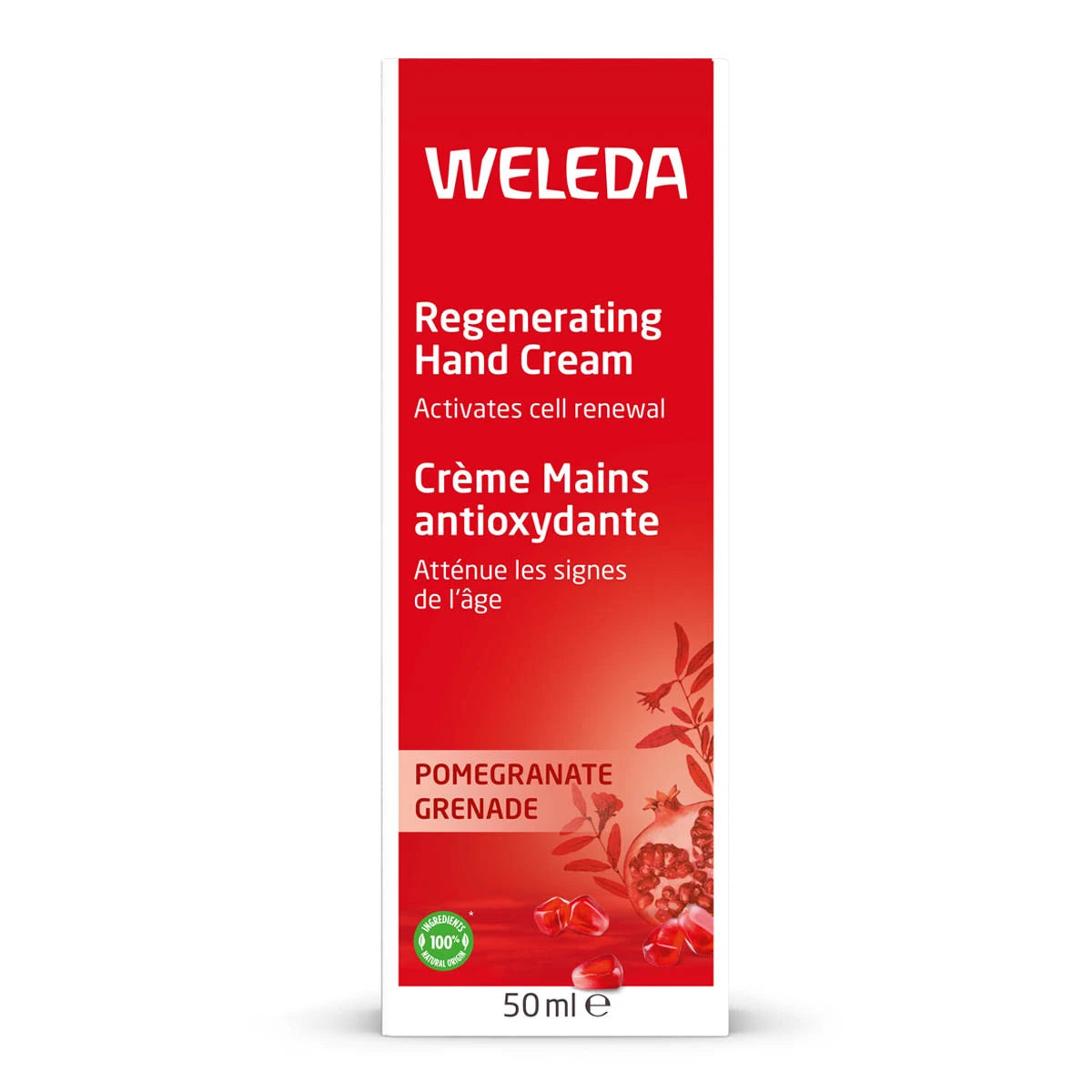 A 50ml tube of Weleda Regenerating Hand Cream in Pomegranate Grenade, featuring a vibrant red packaging design with white text and pomegranate illustrations.