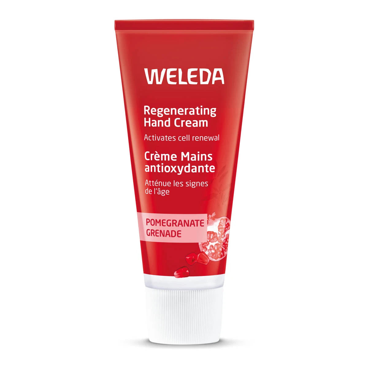 A squeeze tube of Weleda Regenerating Hand Cream in Pomegranate Grenade, featuring a vibrant red body with white text and a white ribbed cap, set against a plain white background.