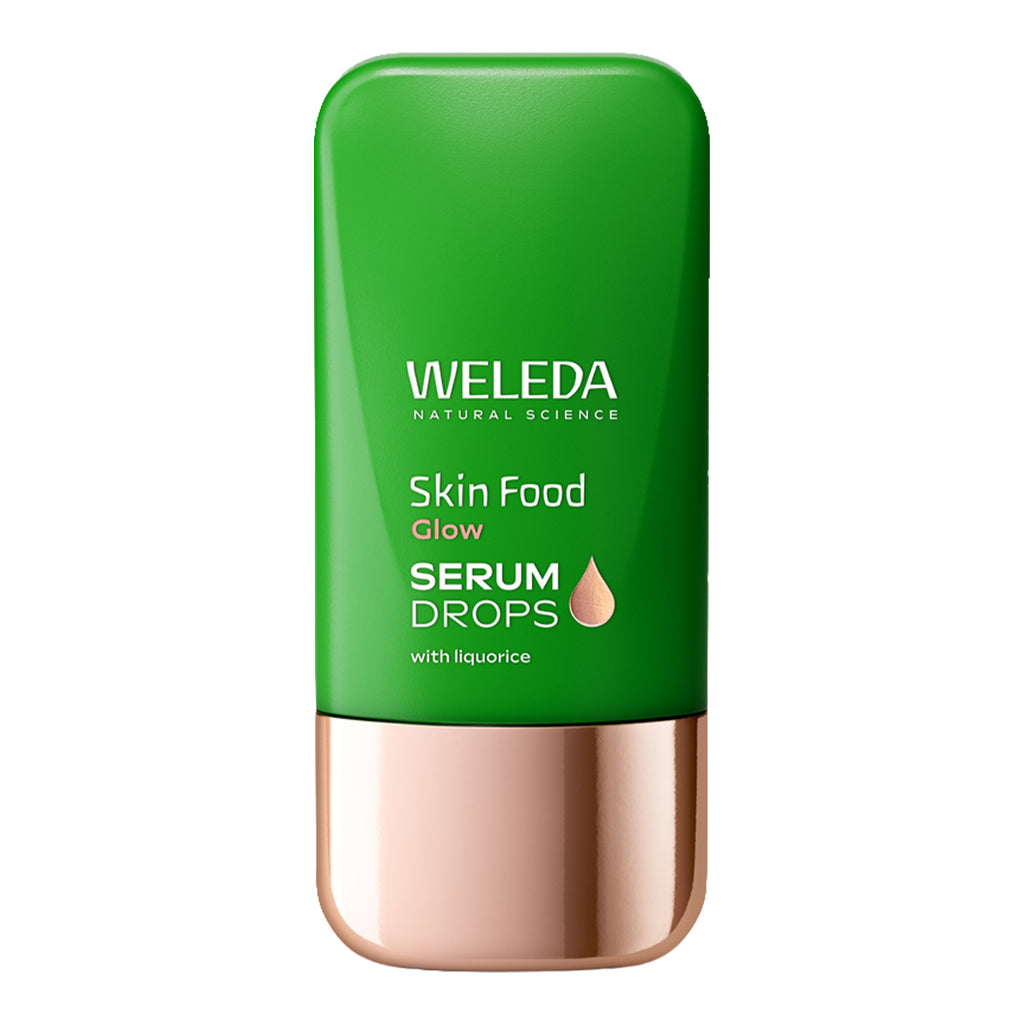 Weleda Skin Food Glow Serum Drops bottle on a white background.