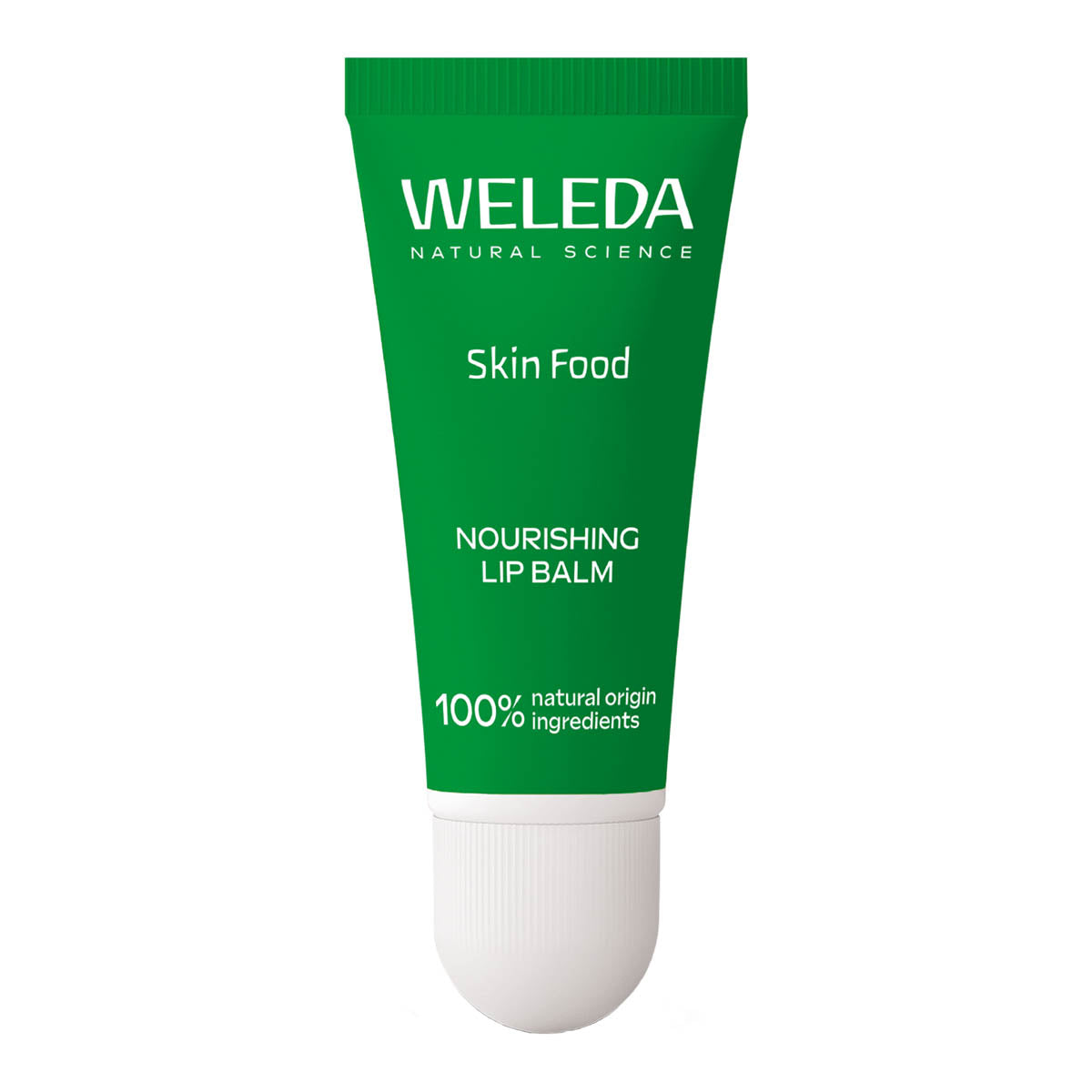 A green squeeze tube of Weleda Skin Food Nourishing Lip Balm with a white cap, shown on a plain white background.