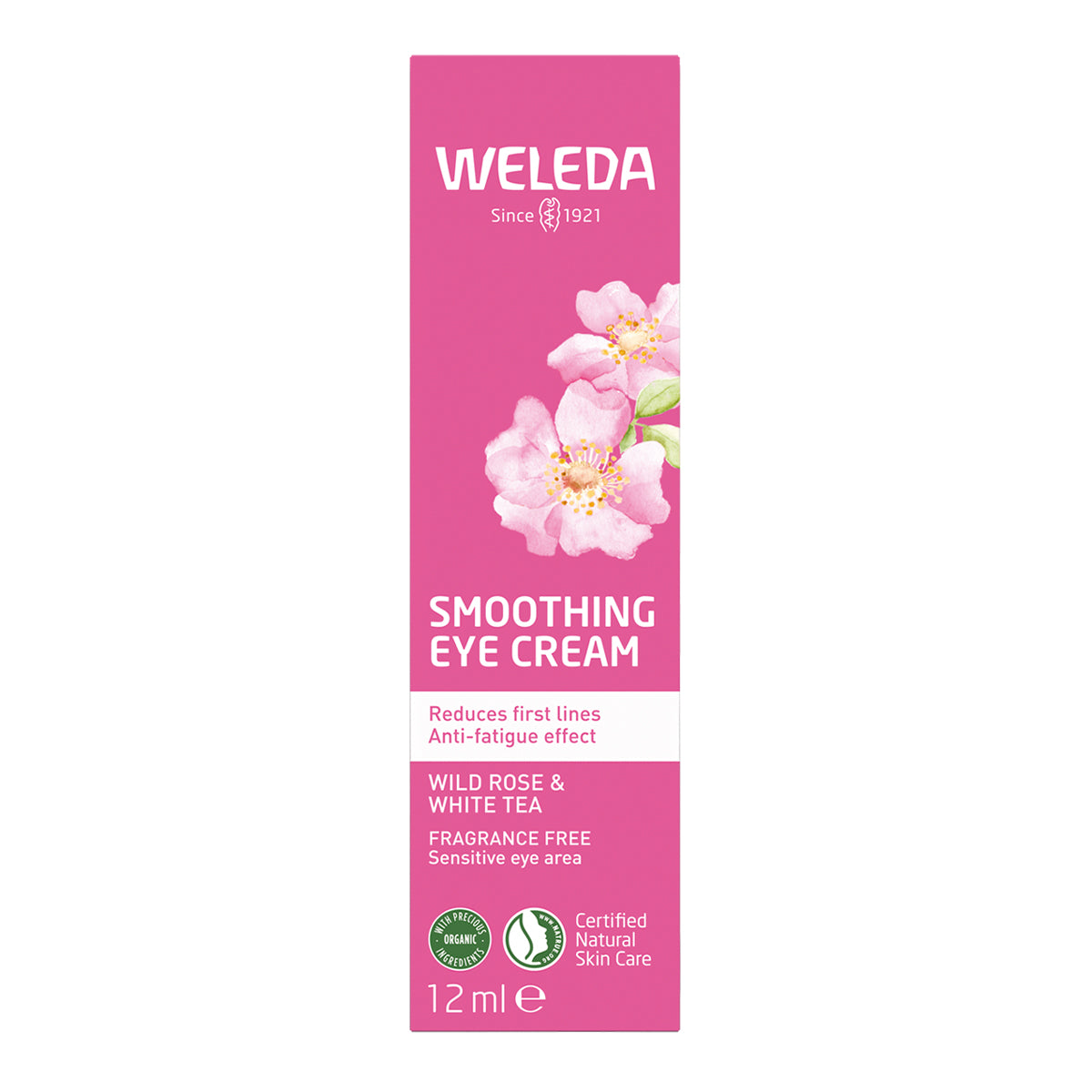 Weleda Smoothing Eye Cream packaging with pink background and floral design.