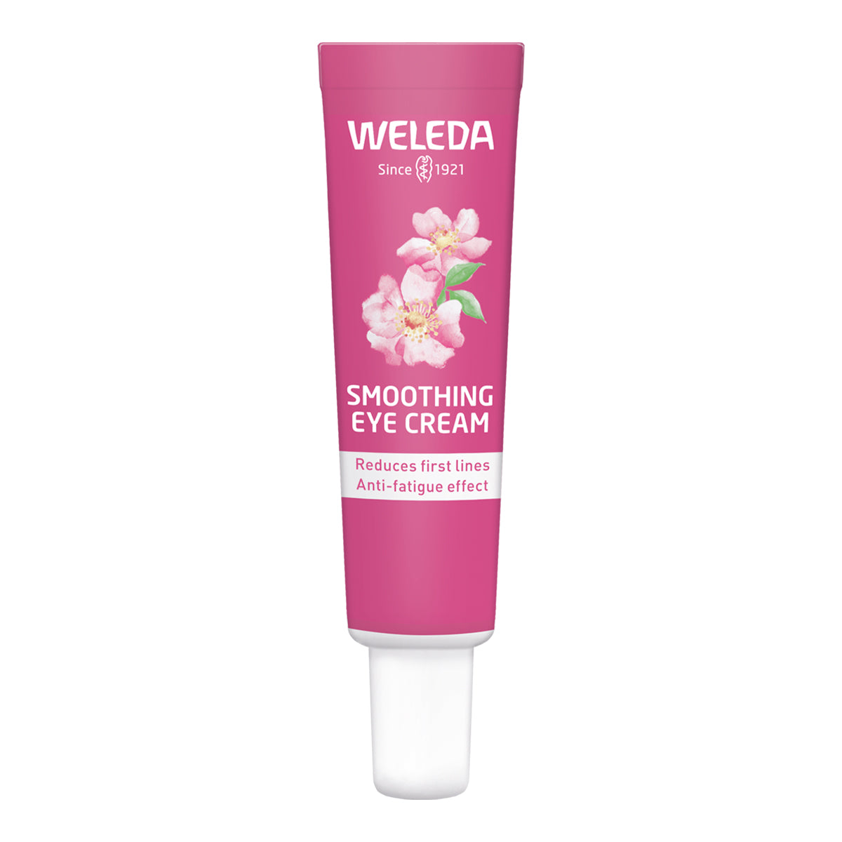 Weleda smoothing eye cream tube on a white background.