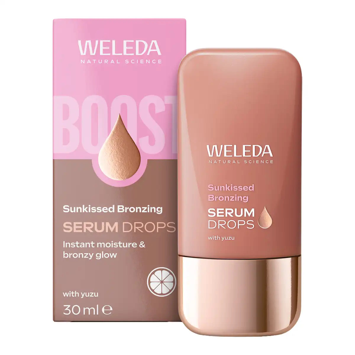 Weleda Sunkissed Bronzing Serum Drops in a 30ml bottle next to its pink and brown packaging box.