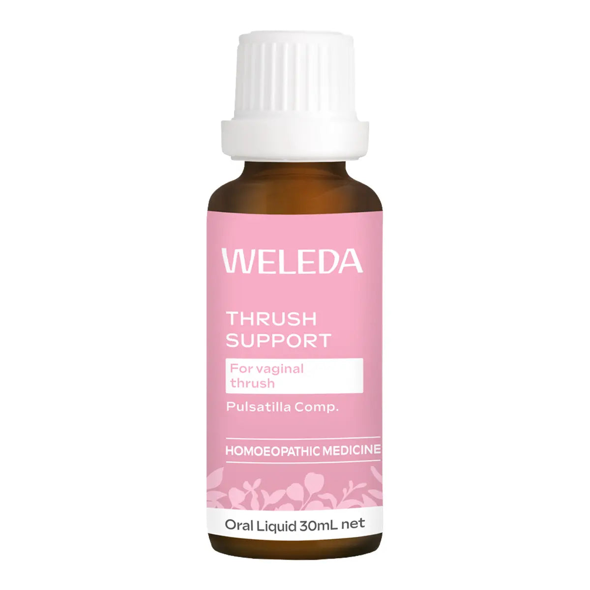 A 30ml amber glass bottle of Weleda Thrush Support oral liquid with a white cap and a pink label.