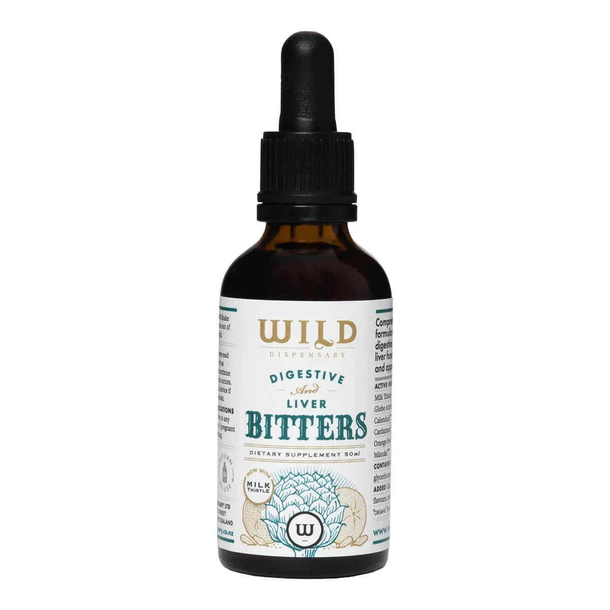 A dark amber glass dropper bottle of Wild Distillers Digestive Liver Bitters with a black dropper cap and a white label featuring teal and gold text.