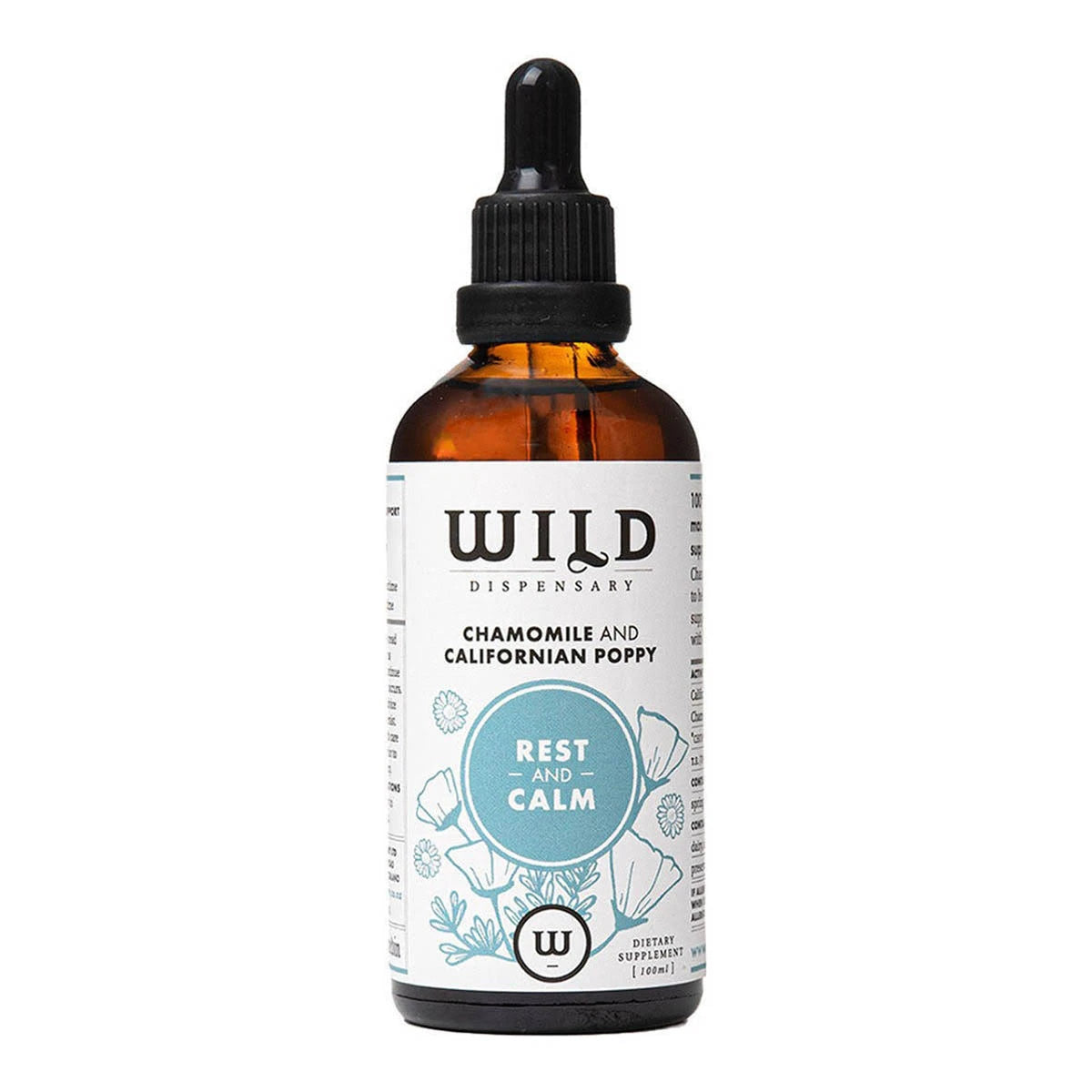 A 100ml amber glass dropper bottle of Wild Dispensary Chamomile and Californian Poppy liquid supplement, featuring a white label with a light blue 'Rest and Calm' circle graphic.