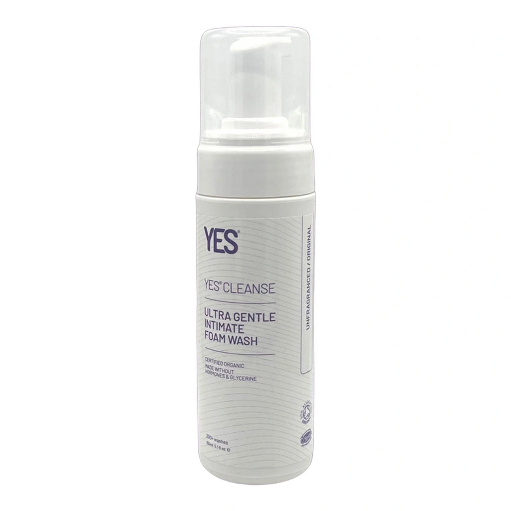 A white pump bottle of YES Cleanse Ultra Gentle Intimate Foam Wash on a plain white background.
