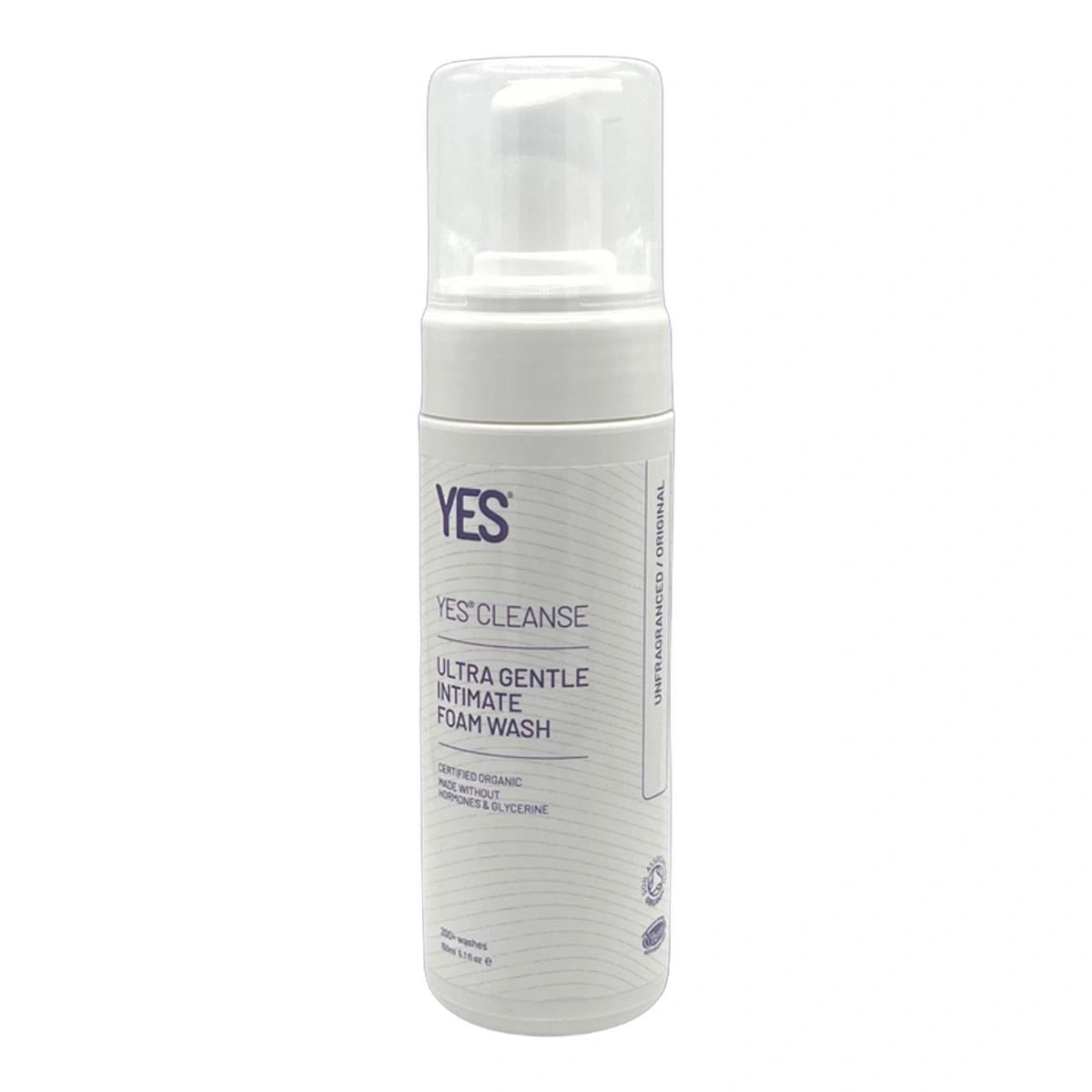 A white pump bottle of YES Cleanse Ultra Gentle Intimate Foam Wash on a plain white background.