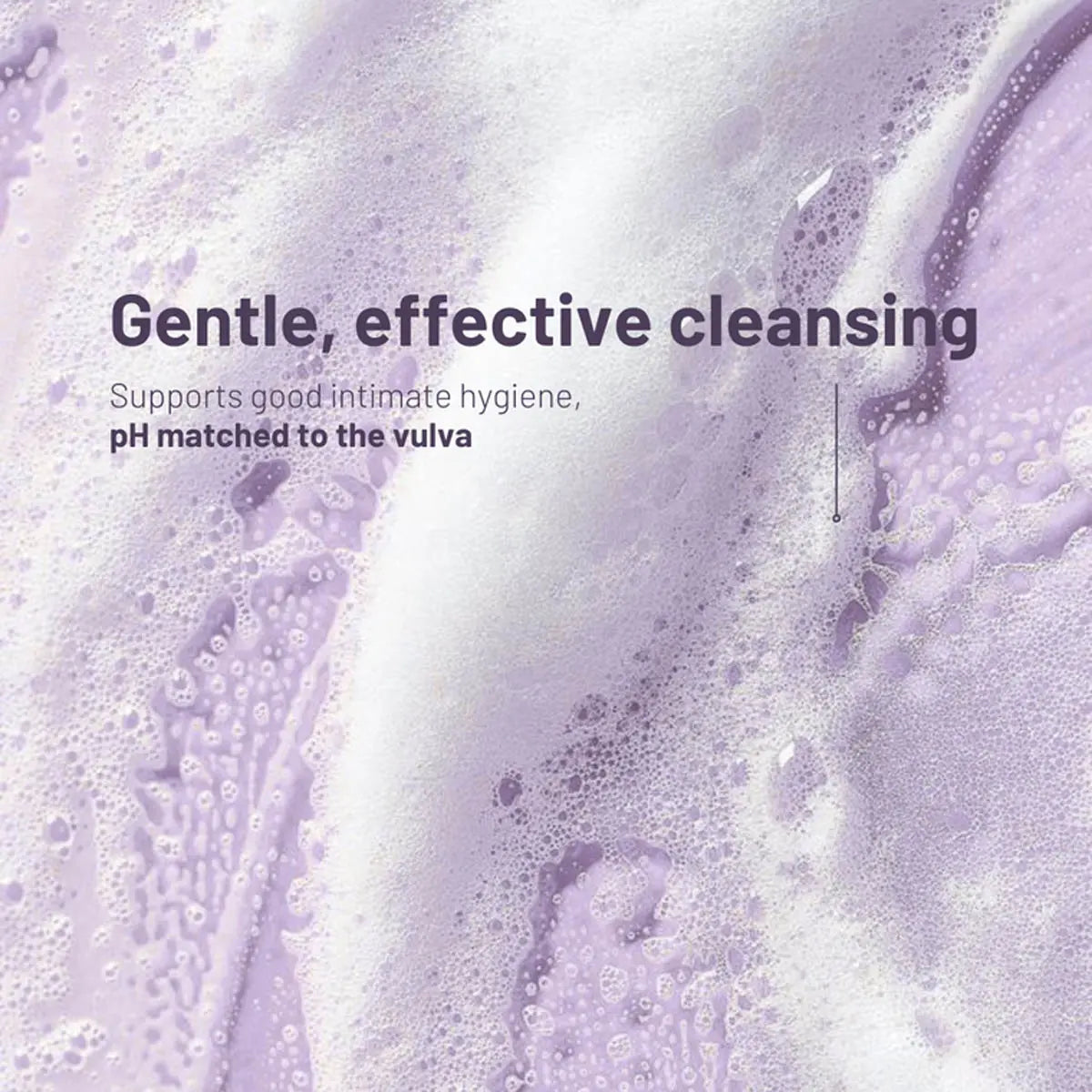 Purple liquid with bubbles and text about gentle cleansing and pH matching to the vulva.